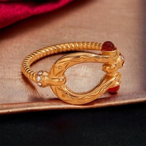 NWT Buckle Ring Sz.8 18K Gold Plated Red Zircon CZ Detail Boho Western - Picture 1 of 10
